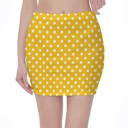 Yellow And White Polka Dot Pattern Print Pencil Mini Skirt