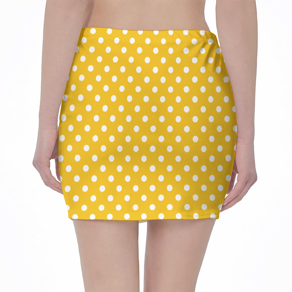Yellow And White Polka Dot Pattern Print Pencil Mini Skirt