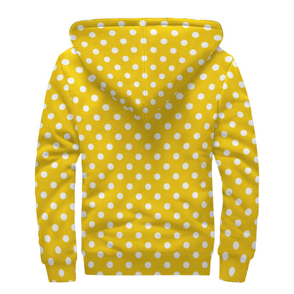 Yellow And White Polka Dot Pattern Print Sherpa Lined Zip Up Hoodie