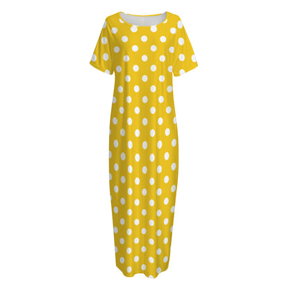 Yellow And White Polka Dot Pattern Print Short Sleeve Long Nightdress