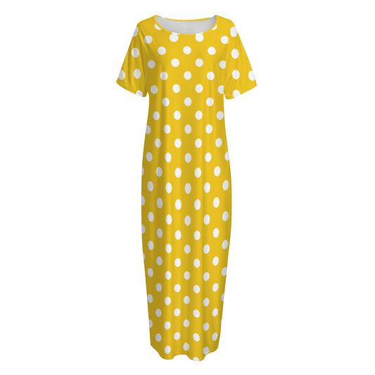 Yellow And White Polka Dot Pattern Print Short Sleeve Long Nightdress