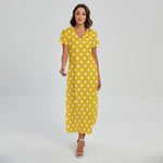 Yellow And White Polka Dot Pattern Print Short Sleeve Maxi Dress