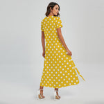 Yellow And White Polka Dot Pattern Print Short Sleeve Maxi Dress