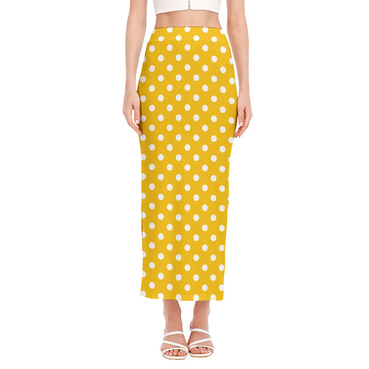 Yellow And White Polka Dot Pattern Print Side Slit Maxi Skirt