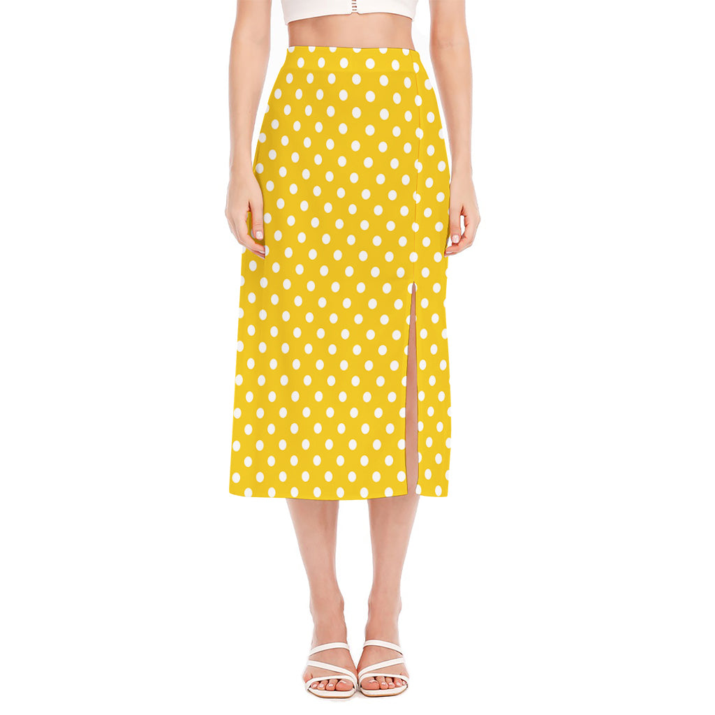 Yellow And White Polka Dot Pattern Print Side Slit Midi Skirt