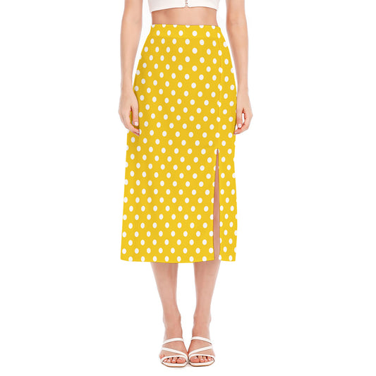 Yellow And White Polka Dot Pattern Print Side Slit Midi Skirt