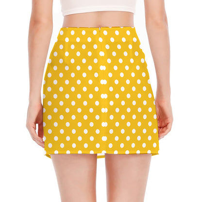 Yellow And White Polka Dot Pattern Print Side Slit Mini Skirt