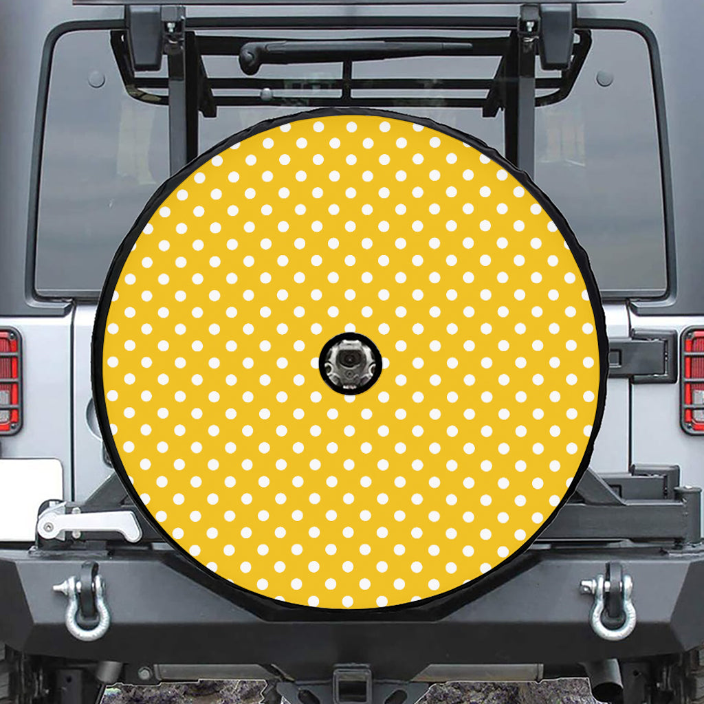 Yellow And White Polka Dot Pattern Print Tire Cover With Camera Hole