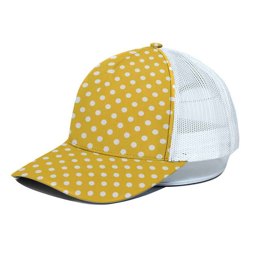 Yellow And White Polka Dot Pattern Print White Mesh Trucker Cap