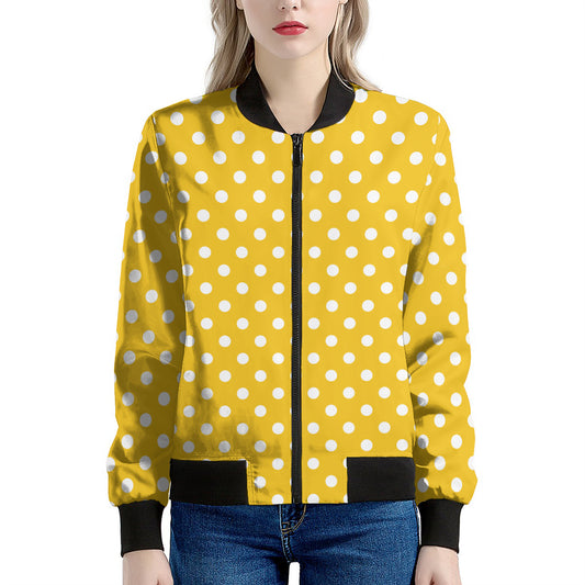 Yellow And White Polka Dot Pattern Print Women's Bomber Jacket