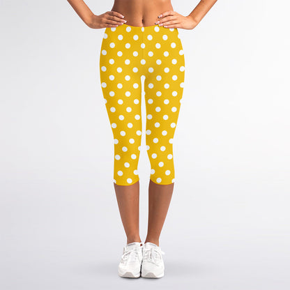 Yellow And White Polka Dot Pattern Print Women's Capri Leggings