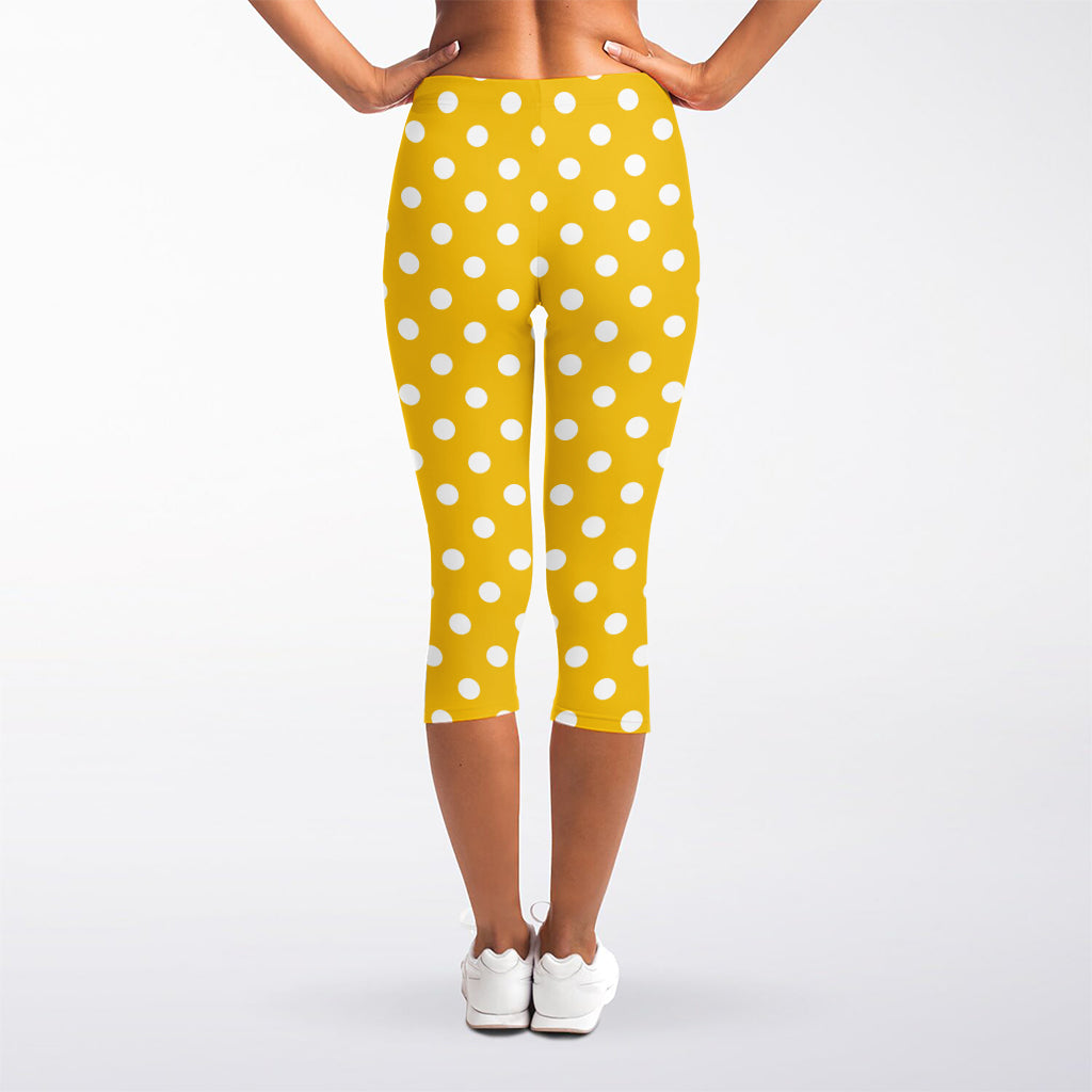 Yellow And White Polka Dot Pattern Print Women's Capri Leggings