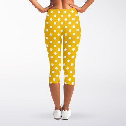 Yellow And White Polka Dot Pattern Print Women's Capri Leggings