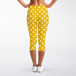 Yellow And White Polka Dot Pattern Print Women's Capri Leggings