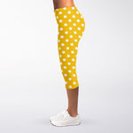 Yellow And White Polka Dot Pattern Print Women's Capri Leggings