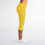Yellow And White Polka Dot Pattern Print Women's Capri Leggings