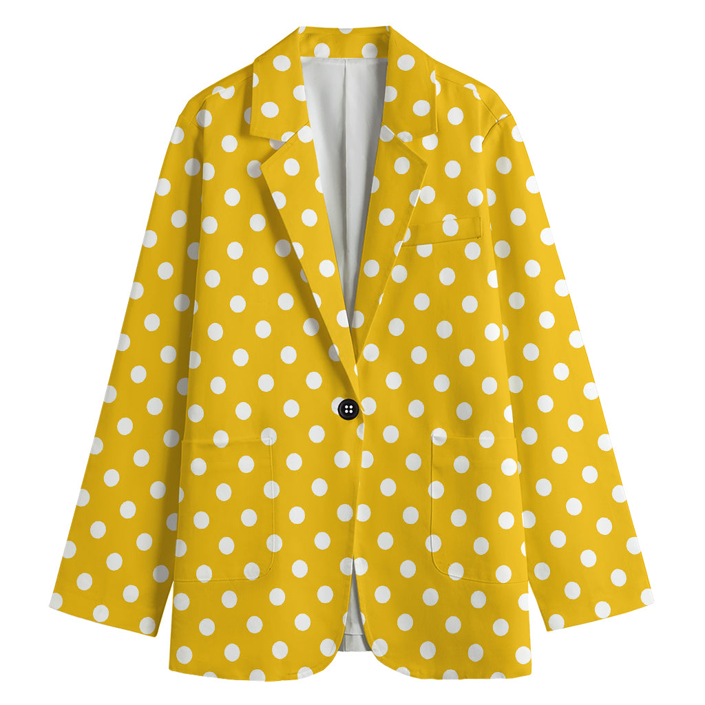 Yellow And White Polka Dot Pattern Print Women's Cotton Blazer