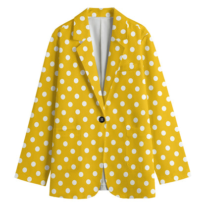 Yellow And White Polka Dot Pattern Print Women's Cotton Blazer