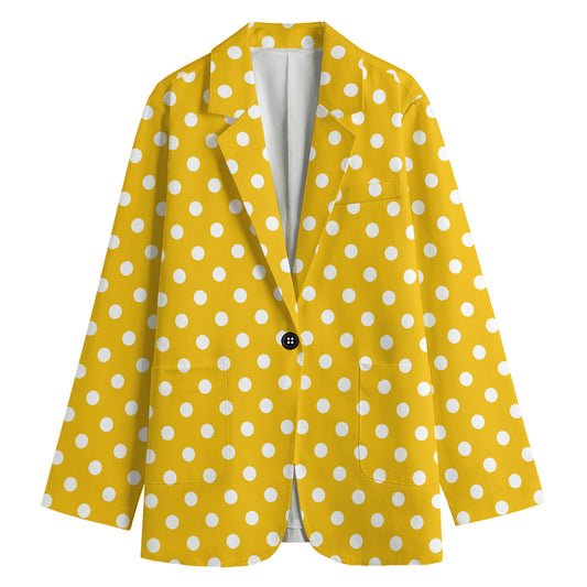 Yellow And White Polka Dot Pattern Print Women's Cotton Blazer
