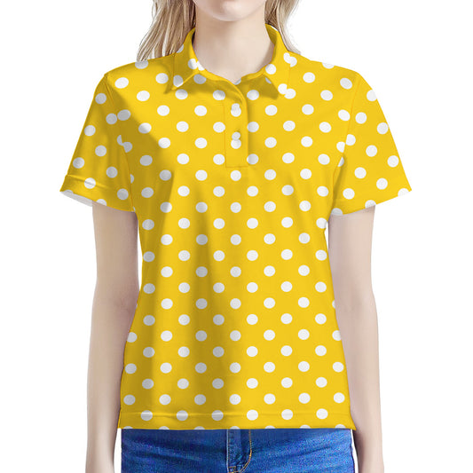 Yellow And White Polka Dot Pattern Print Women's Polo Shirt