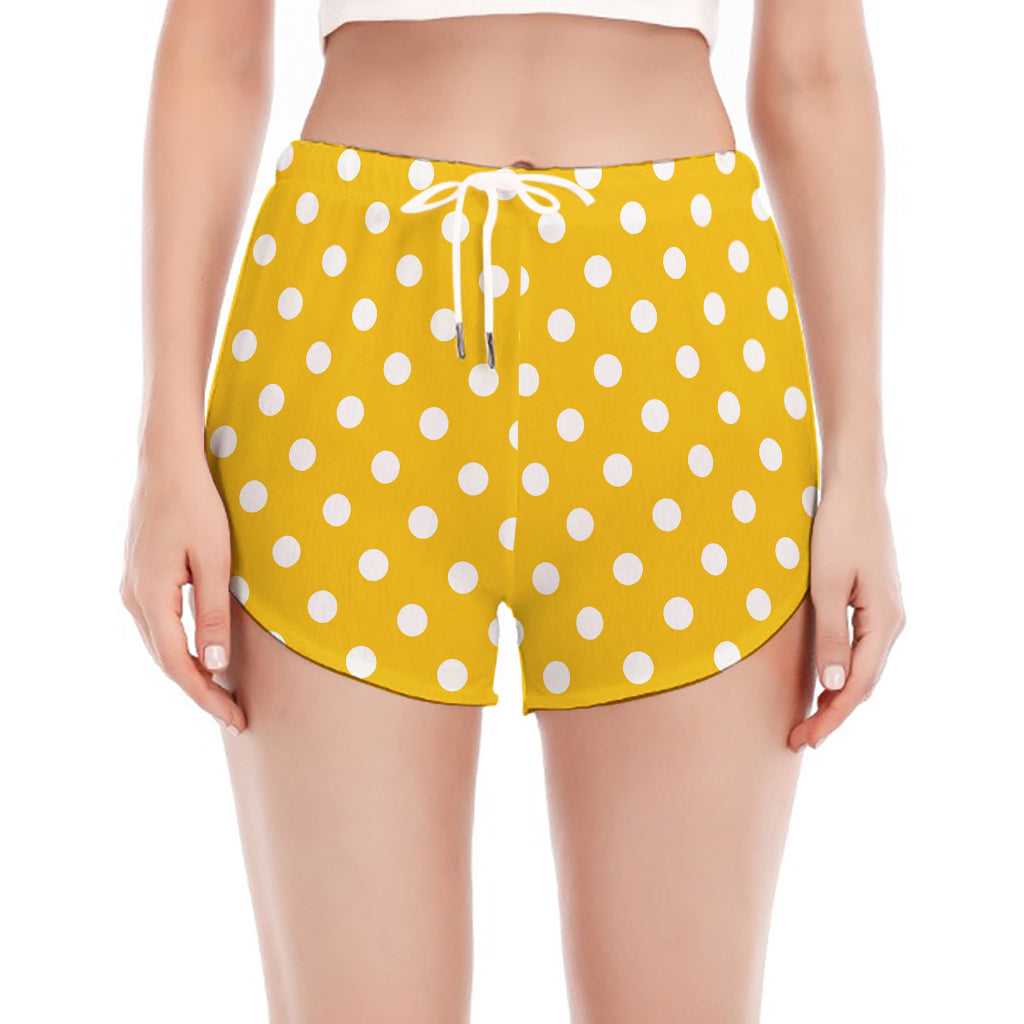 Yellow And White Polka Dot Pattern Print Women's Split Running Shorts