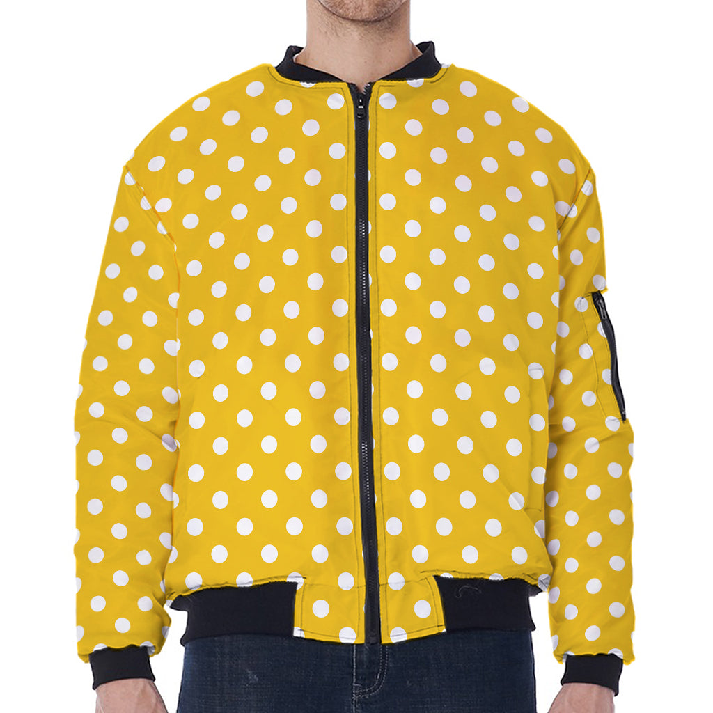 Yellow And White Polka Dot Pattern Print Zip Sleeve Bomber Jacket
