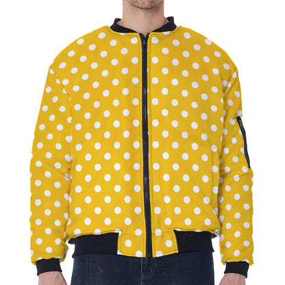 Yellow And White Polka Dot Pattern Print Zip Sleeve Bomber Jacket