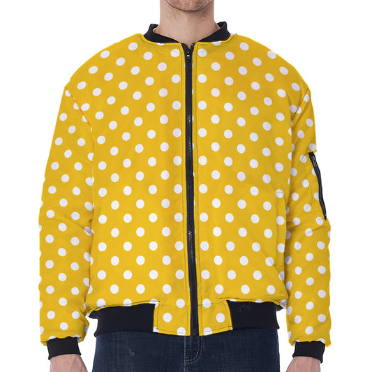 Yellow And White Polka Dot Pattern Print Zip Sleeve Bomber Jacket