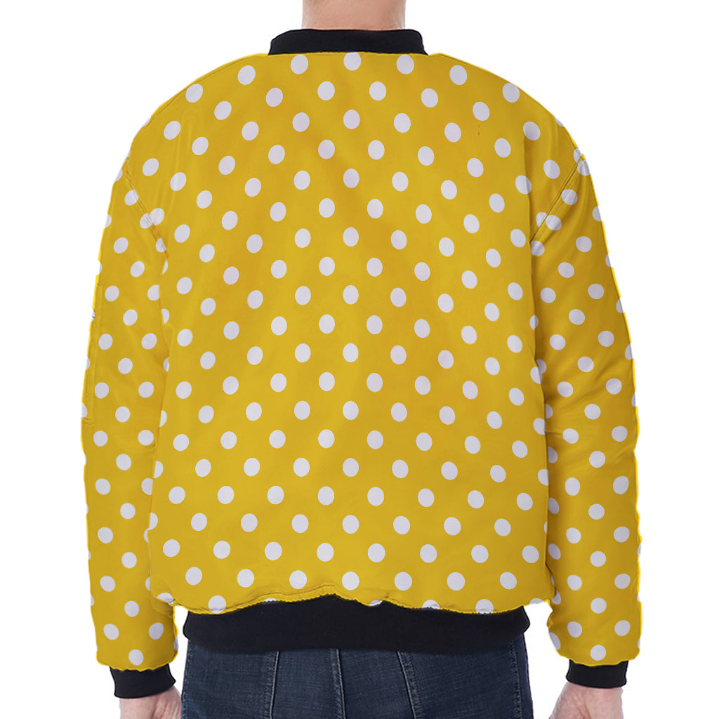 Yellow And White Polka Dot Pattern Print Zip Sleeve Bomber Jacket