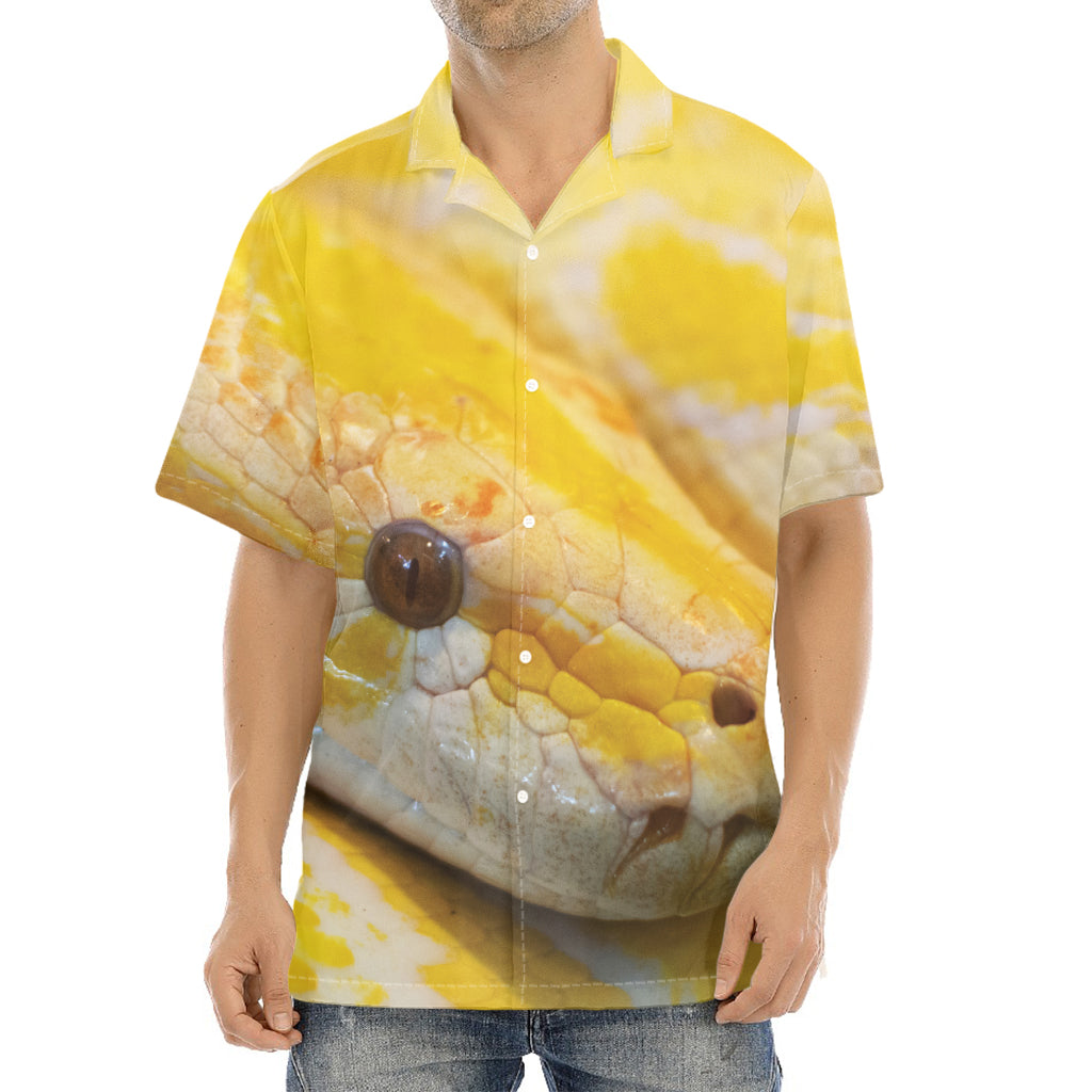 Yellow And White Python Snake Print Aloha Shirt