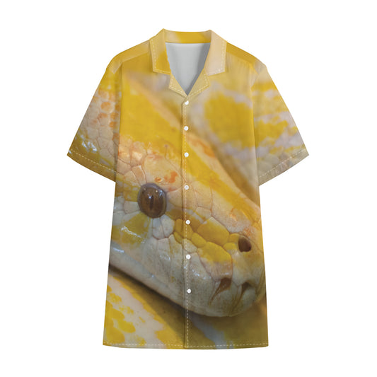 Yellow And White Python Snake Print Cotton Hawaiian Shirt