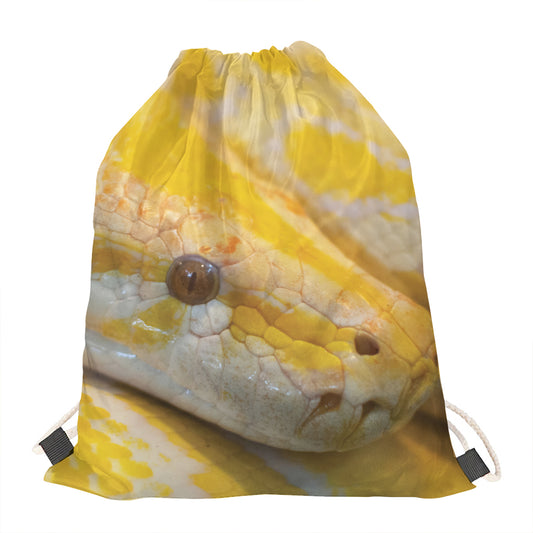 Yellow And White Python Snake Print Drawstring Bag
