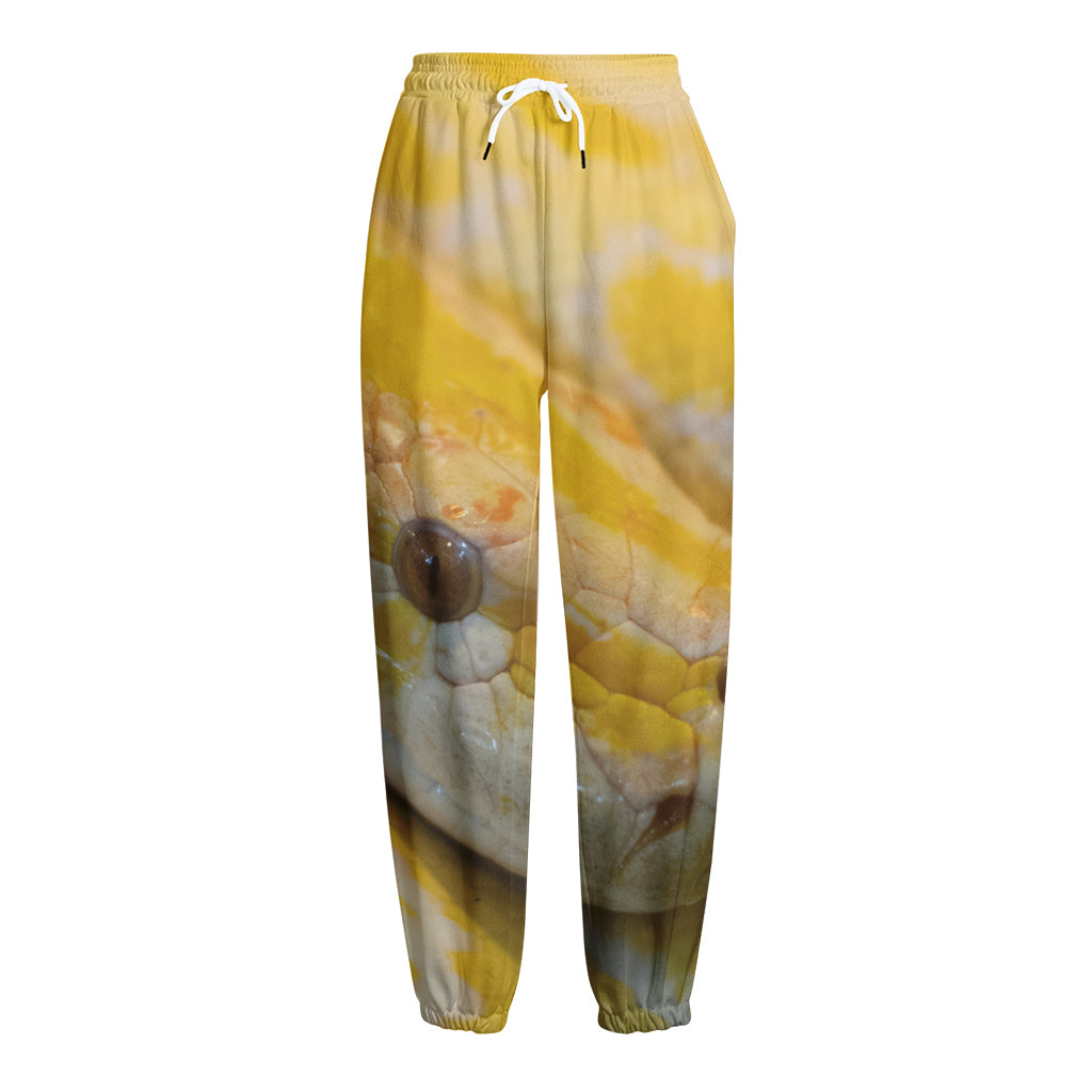 Yellow And White Python Snake Print Fleece Lined Knit Pants