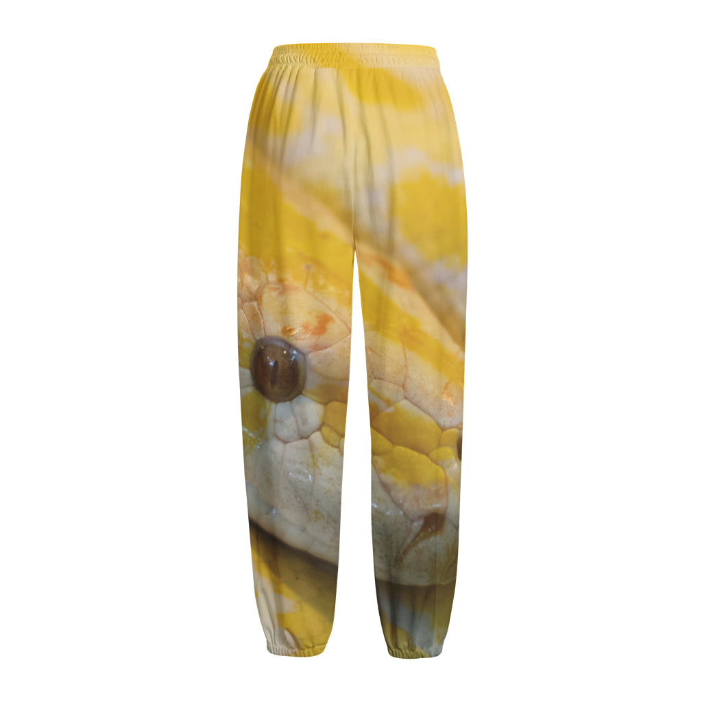 Yellow And White Python Snake Print Fleece Lined Knit Pants
