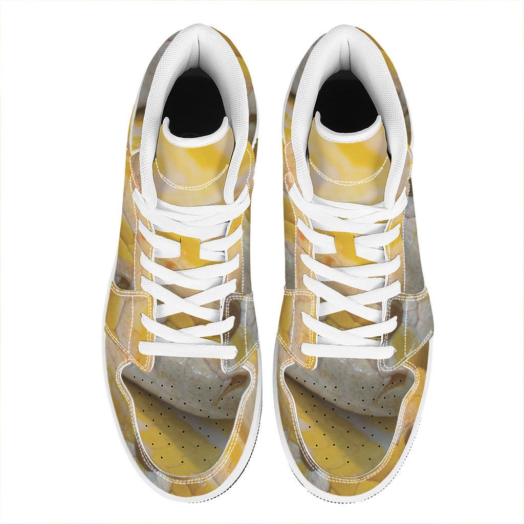 Yellow And White Python Snake Print High Top Leather Sneakers