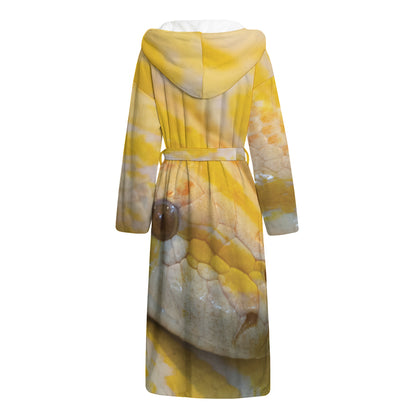 Yellow And White Python Snake Print Hooded Bathrobe