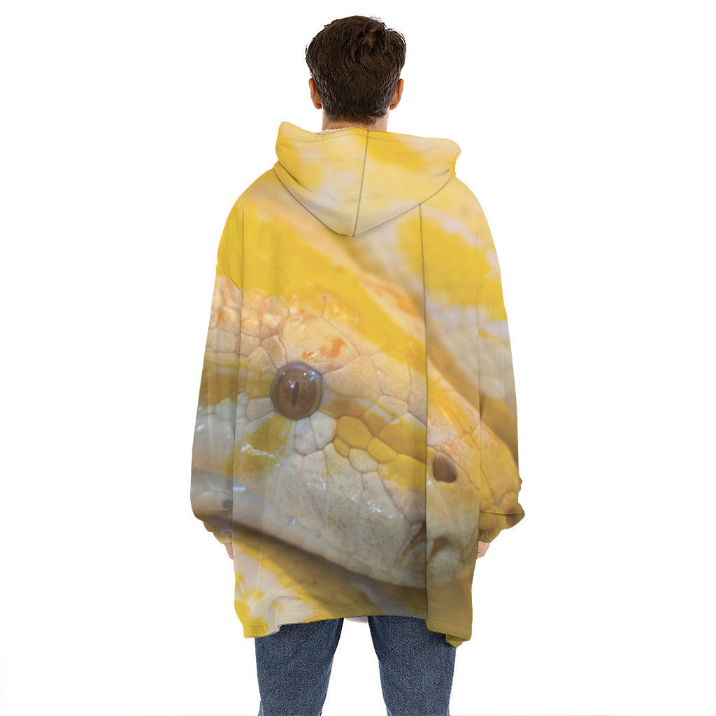 Yellow And White Python Snake Print Hoodie Blanket