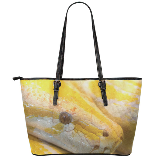 Yellow And White Python Snake Print Leather Tote Bag
