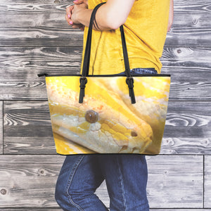 Yellow And White Python Snake Print Leather Tote Bag