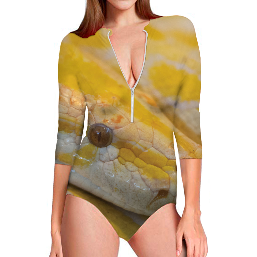 Yellow And White Python Snake Print Long Sleeve Swimsuit