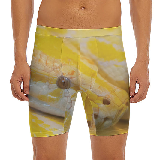 Yellow And White Python Snake Print Men's Long Boxer Briefs