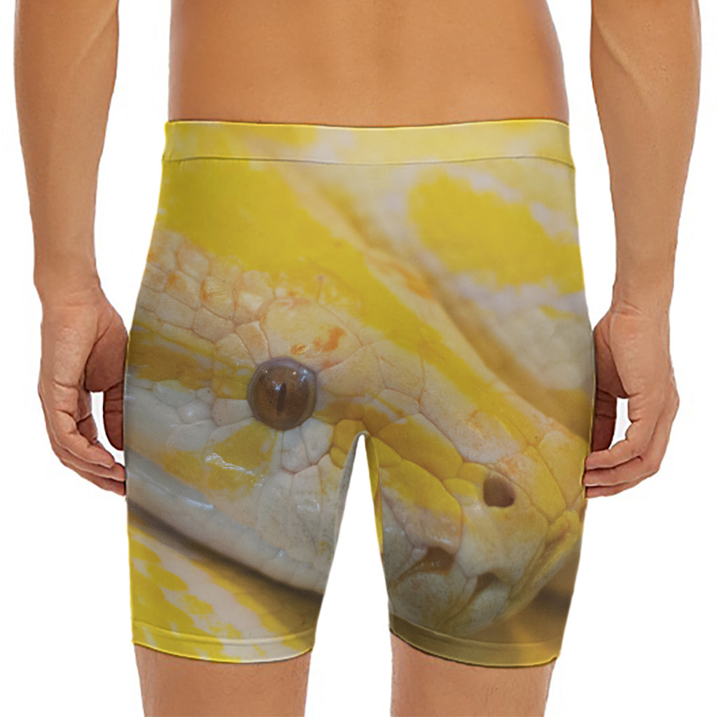 Yellow And White Python Snake Print Men's Long Boxer Briefs