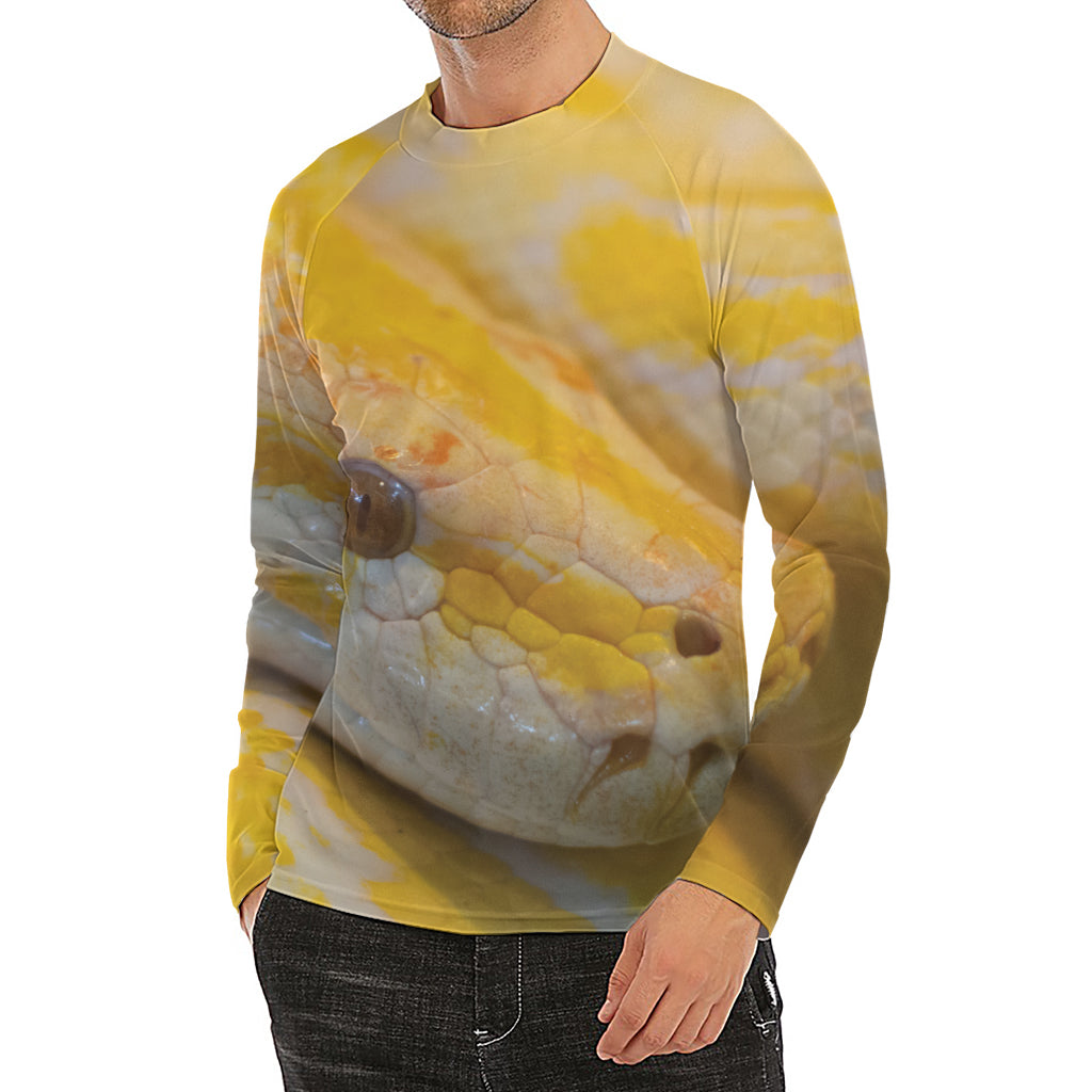 Yellow And White Python Snake Print Men's Long Sleeve Rash Guard