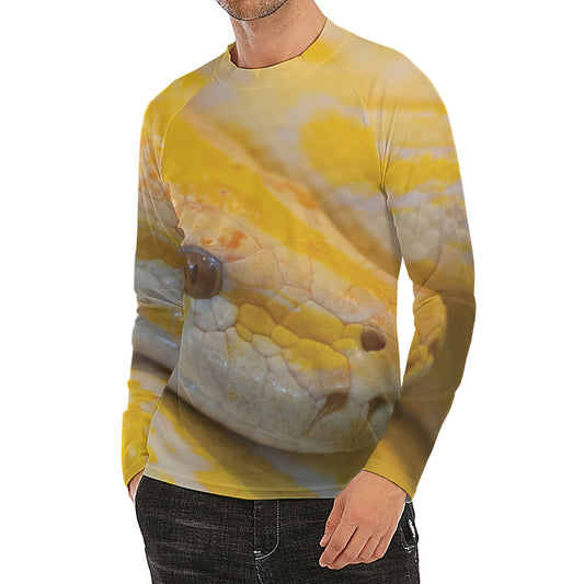 Yellow And White Python Snake Print Men's Long Sleeve Rash Guard