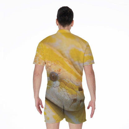 Yellow And White Python Snake Print Men's Rompers