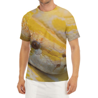 Yellow And White Python Snake Print Men's Short Sleeve Rash Guard