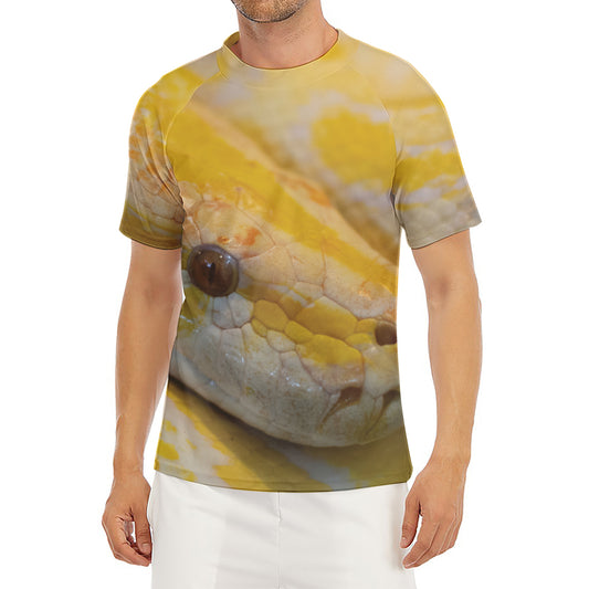 Yellow And White Python Snake Print Men's Short Sleeve Rash Guard