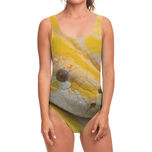 Yellow And White Python Snake Print One Piece Swimsuit