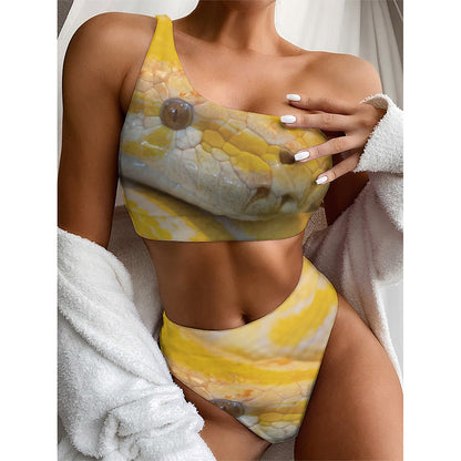 Yellow And White Python Snake Print One Shoulder Bikini Top