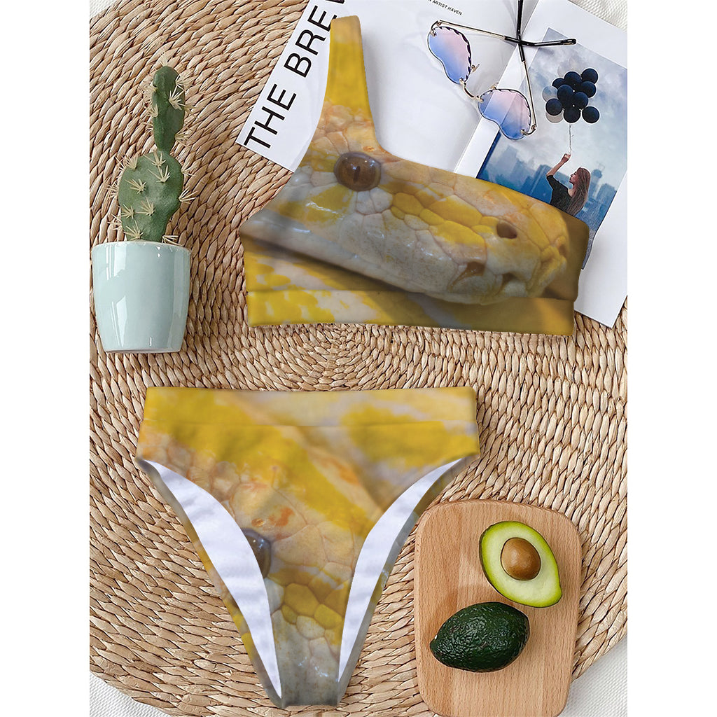 Yellow And White Python Snake Print One Shoulder Bikini Top